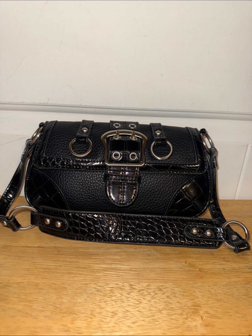 Black Women's Leather Crossbody Bag with Buckle Accent